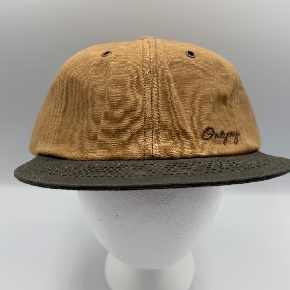 Only‎ NY Duck Canvas Hat Tan Olive Green Script Logo Leather Strapback Flannel
